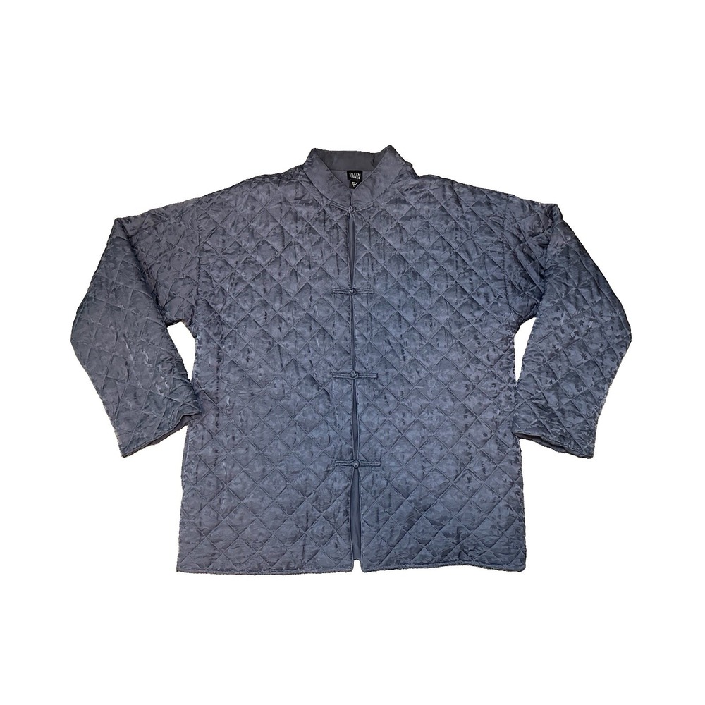 Eileen Fisher LARGE Silk Blue Gray Quilted Jacquard Leaf Jacket Kimono Style